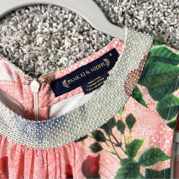 Pankaj & Nidhi Dress Women’s 6 Butterfly Garden Beaded Neck Sleeveless Midi - Picture 4 of 10